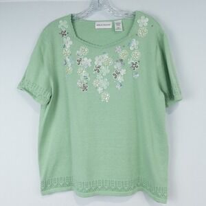 Alfred Dunner Beaded Floral Short Sleeve Knit Top Women Large Mint Green Cottage